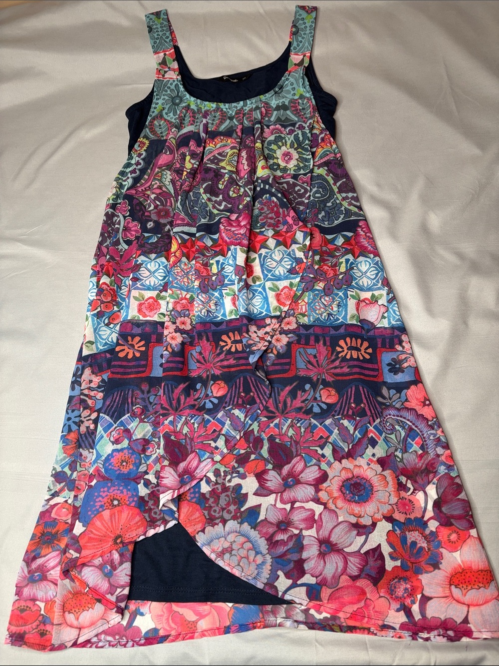 Desigual Floral Patchwork Midi Dress Navy, Pink, Purple and Coral Size 38 Small